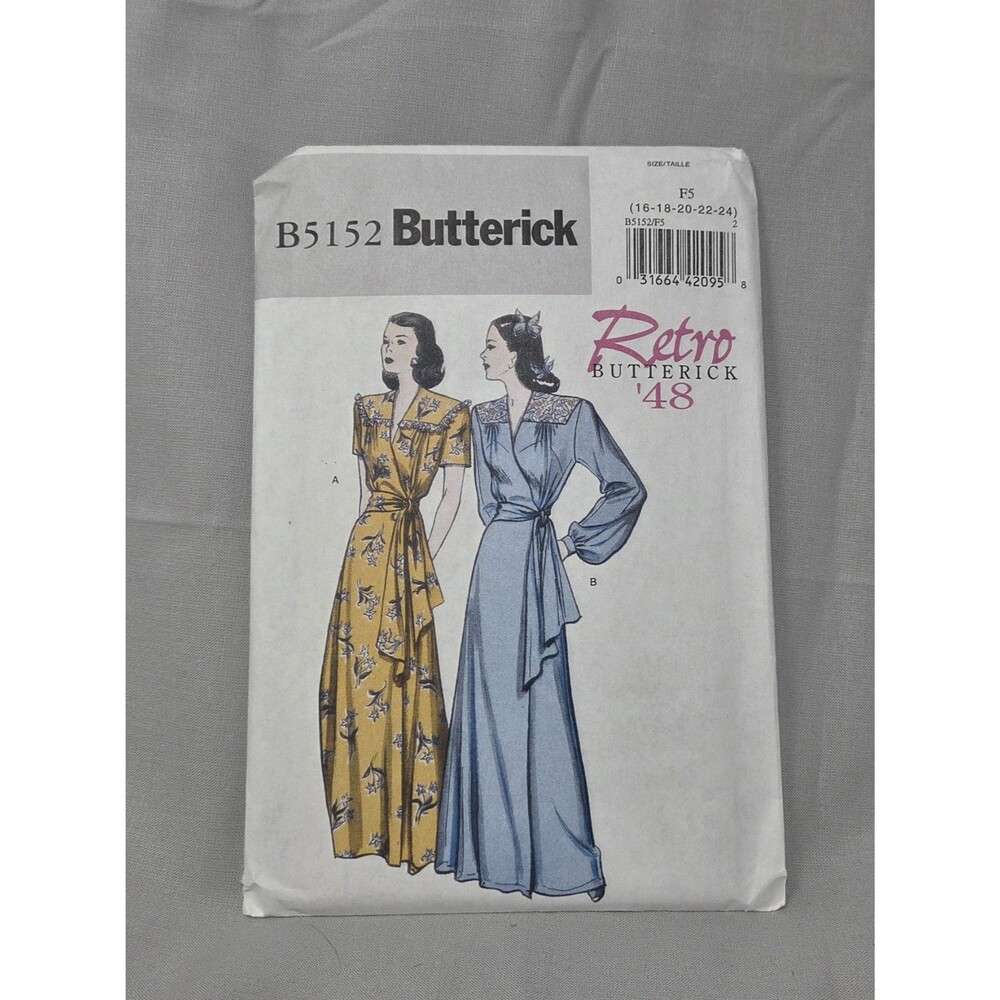 Butterick B5152 Retro '48 Evening Wrap Robe Dress Sewing Pattern Size 16-24 UC